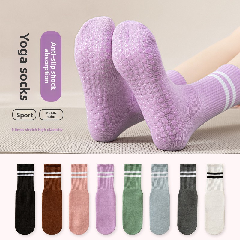 Pilate Yoga Workout - ถุงเท้าข้อสูงลายทางคู่สำหรับผู้หญิง รุ่น Mid Calf พร้อมจุดซิลิโคนกันลื่น เหมาะสำหรับโยคะ