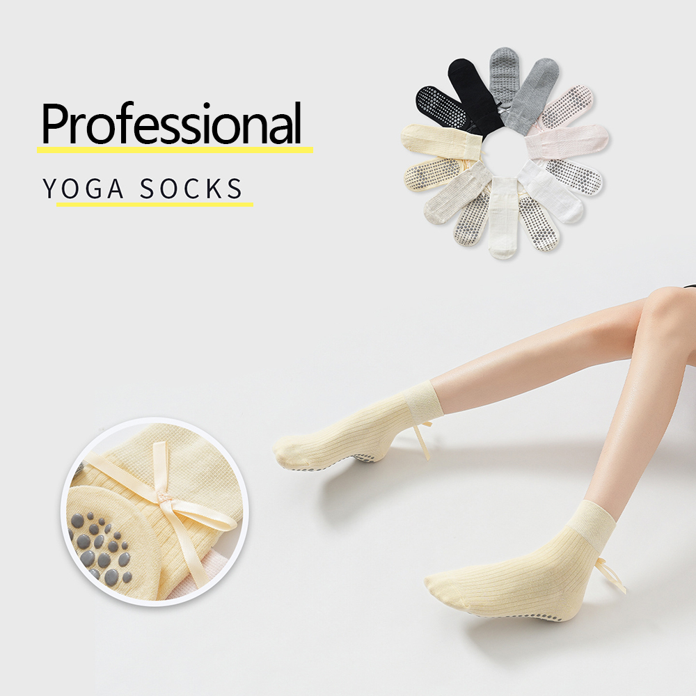 Pilates & Yoga Vida - ถุงเท้าโยคะลายโบว์น่ารักสำหรับสาวๆ ถุงเท้ากีฬาพิลาทิสแฟชั่นหวานๆ ป้องกันการลื่นไถลอย่างมืออาชีพ ถุงเท้าผ้าฝ้ายระบายอากาศสำหรับผู้หญิง เหมาะเป็นของขวัญ